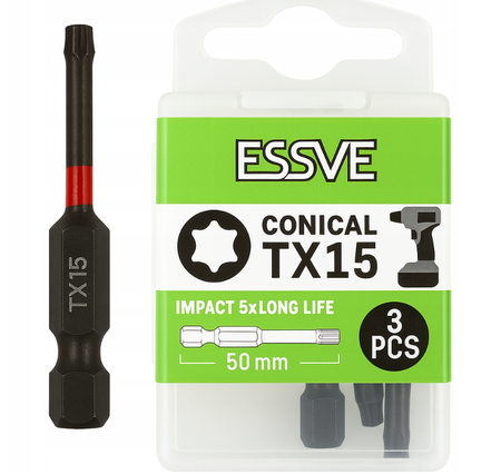 ESSVE Impact Bits für Schlagschrauber TX15 konisch schwarz 50 mm 3 Stück