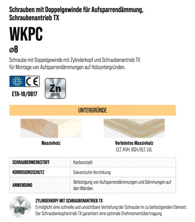 WKPC 8x225 - Schrauben mit Doppelgewinde für Aufsparrendämmung