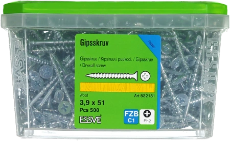 ESSVE Gipskartonschrauben für Holz Grobgewinde im ESSBOX PH2 verzinkt EZP 3,9 x 51 mm 500 St.