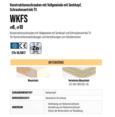 WKFS Vollgewinde-Konstruktionsschrauben mit Senkkopf Weiß 10x330