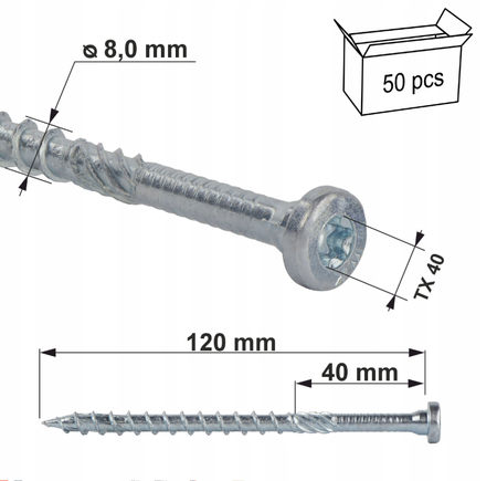 Klimas WKCR Konstruktionsschrauben mit Zylinderkopf Torx 8 x 120 mm 50 Stk.