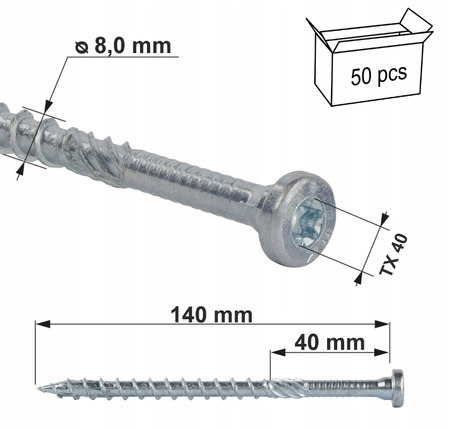 Klimas WKCR Konstruktionsschrauben mit Zylinderkopf Torx 8 x 140 mm 50 Stk.