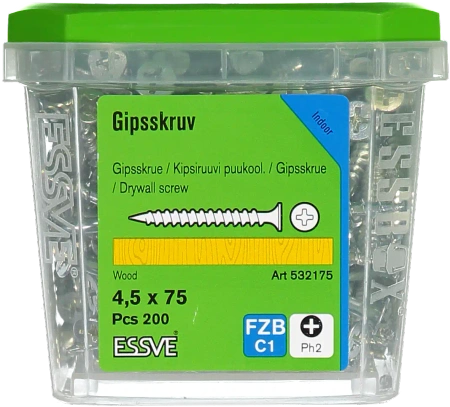 ESSVE Gipskartonschrauben für Holz Grobgewinde im ESSBOX PH2 verzinkt EZP 4,5 x 75 mm 200 St.