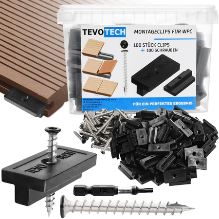 Tevo Tech Montageclips 6 mm für WPC-Terrassendielen 100 Clips + 100 Schrauben