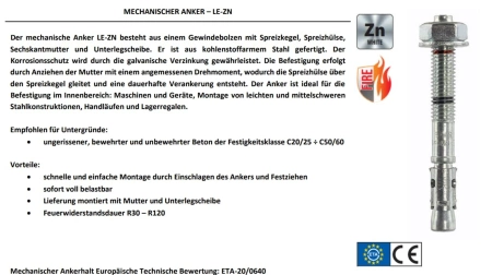 Klimas LE-ZN Mechanischer Anker Stahlanker verzinkt 8 x 155 mm 50 Stück