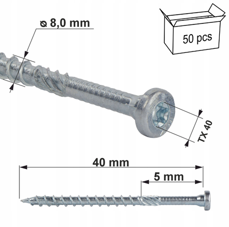 Klimas WKCR Konstruktionsschrauben mit Zylinderkopf Torx 8 x 40 mm 50 Stk.