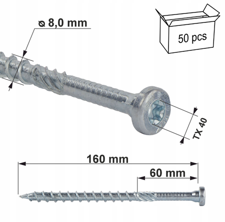 Klimas WKCR Konstruktionsschrauben mit Zylinderkopf Torx 8 x 160 mm 50 Stk.