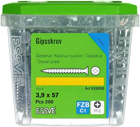 ESSVE Gipskartonschrauben für Holz Grobgewinde im ESSBOX PH2 verzinkt EZP 3,9 x 57 mm 200 St.