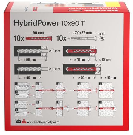 Fischer HybridPower 10x90 T (10)  flache Senkschrauben verlängerte Dübel 10 Stk.