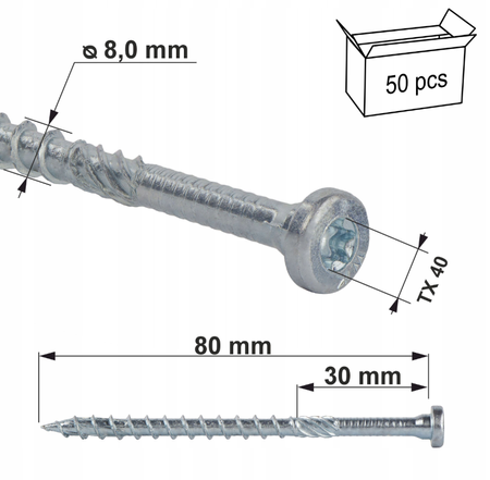 Klimas WKCR Konstruktionsschrauben mit Zylinderkopf Torx 8 x 80 mm 50 Stk.