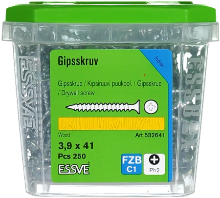 ESSVE Gipskartonschrauben für Holz Grobgewinde im ESSBOX PH2 verzinkt EZP 3,9 x 41 mm 250 St.