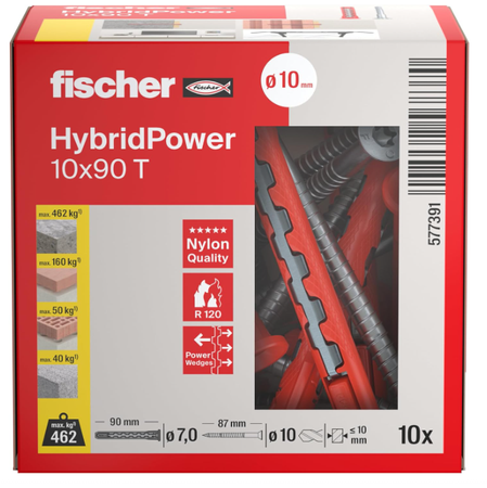 Fischer HybridPower 10x90 T (10)  flache Senkschrauben verlängerte Dübel 10 Stk.
